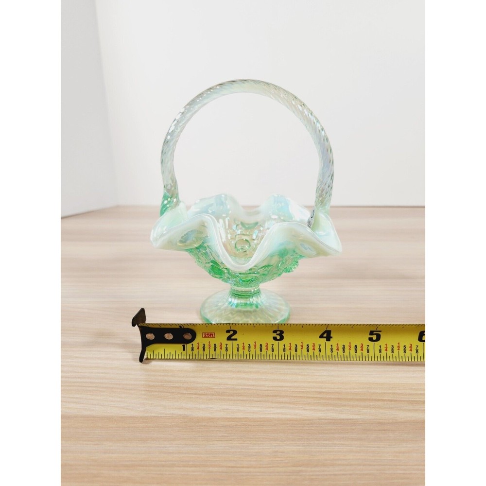 Fenton Green Opalescent Iridescent‎ Ruffled Wavy Roses Floral Basket with Handle - Picture 7 of 7